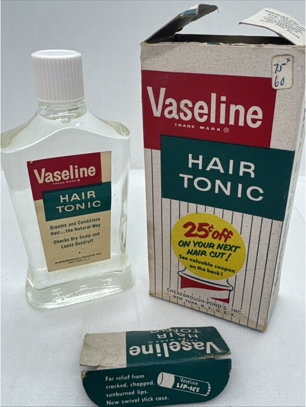 Vintage 1950s Vaseline Hair Tonic for Men 4oz NOS 25¢ Off Your Next Haircut!